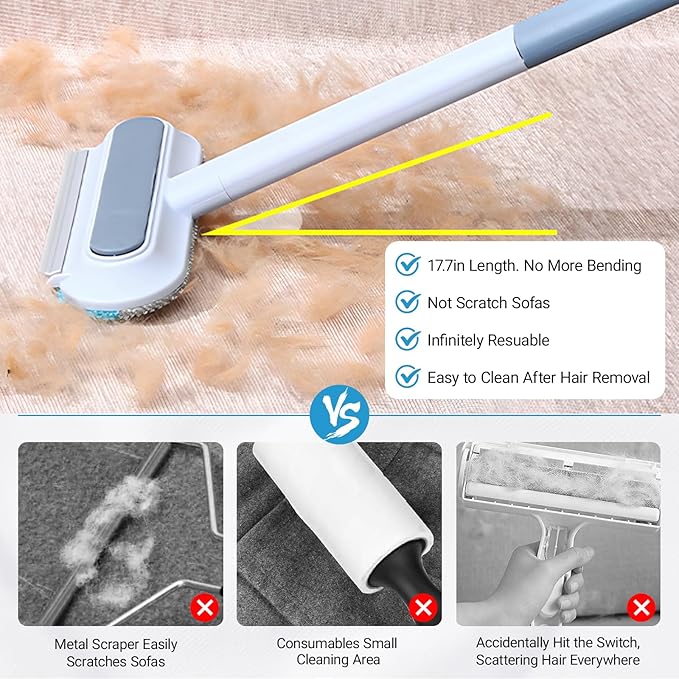 2 Pcs Pet Hair Remover, 4 in1 Long Handle Lint Brush for Dog and Cat Hair, Durable & Reusable, Double Sided, Gentle on Couches, Carpets, Clothes, Bedding