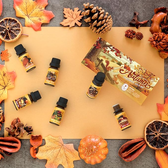 Autumn Fragrance Oils Set, Essential Oil for Diffuser, Fall Scent Diffuser Oil, Use for Soap Candle Making,Pumpkin Spice, Spiced Cider, Maple Syrup, Autumn Harvest, Cinnamon, and Apple Pie