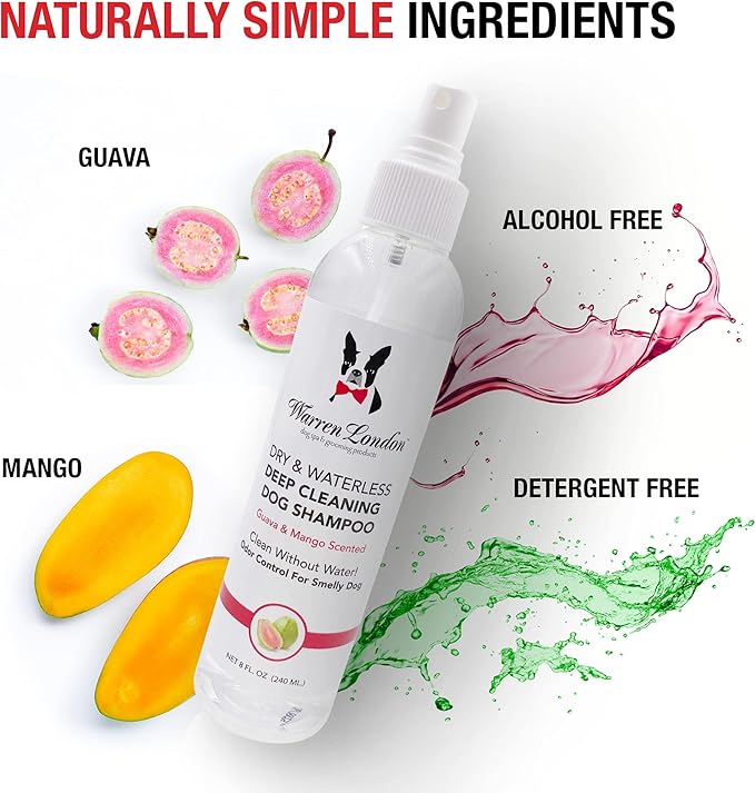 Warren London Waterless Dog Shampoo 8 oz – Guava Mango No-Rinse Dry Shampoo Spray | Instant Deodorizer for Smelly Pets, Itch Relief, Dye-Free & Cruelty-Free | Made in USA