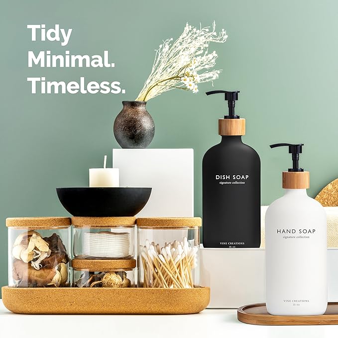Vine Creations Glass Soap Dispenser Set, Hand Soap and Dish Soap Dispenser Set with Bamboo Tray, 16 oz Glass Dispensers Bottle for Kitchen and Bathroom Decor Modern Boho with Bamboo Pump (Black/White)