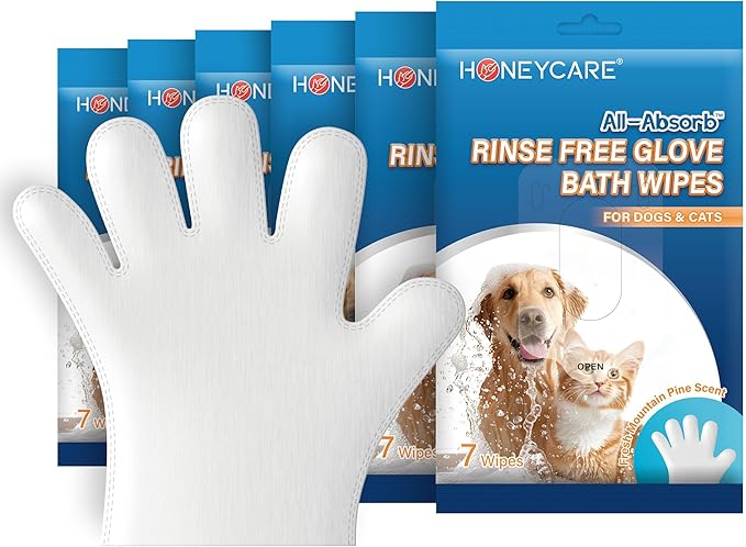 HONEY CARE All-Absorb Disposable Pet Grooming Gloves Wipes for Dogs & Cats Fur Deodorizing & Cleaning (7 Gloves/Pack, 6 Packs, 42 Wipes Total)