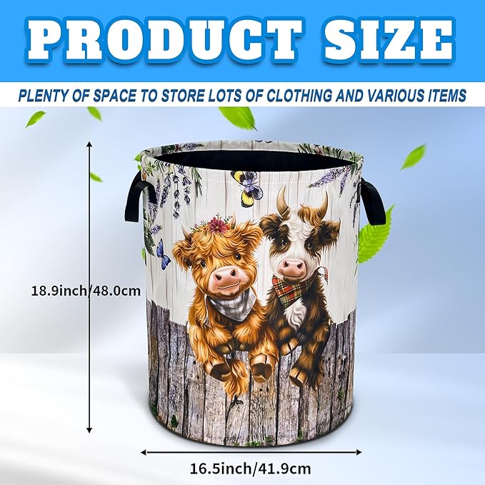 Highland Cow Laundry Basket Cute Calf Oxford Cloth Laundry Hamper With Handle Foldable Portable Clothes Storage Basket 18.9 X 16.5 Inch Storage Bag For Laundry Room/Bathroom/Bedroom/Dormitories