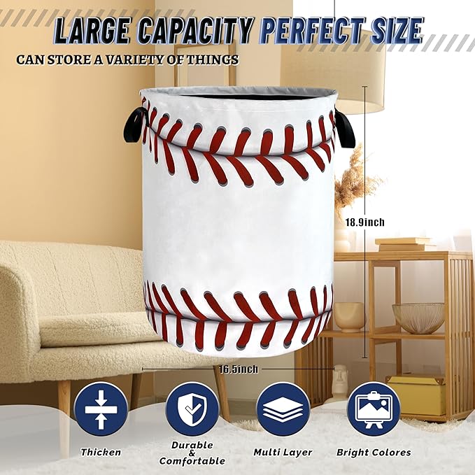 Baseball Texture Laundry Basket Foldable Funny Baseball Laundry Hamper With Handle Oxford Cloth Portable Clothes Storage Organizer Basket 18.9"x16.5" Laundry Bag For Laundry Room/Bedroom/Bathrooms
