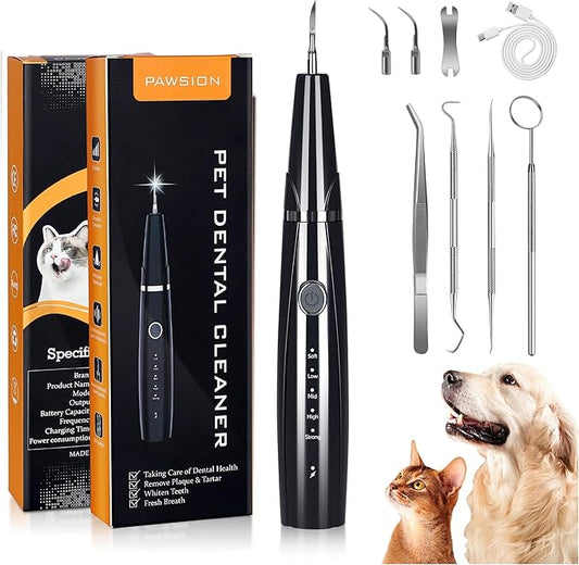 Ultrasonic Dog Plaque and Tartar Remover, Teeth Cleaning Kit for Pets, Rechargeable Dental Scraper for Pets, 5 Modes with 3 Cleaning Heads and LED Light