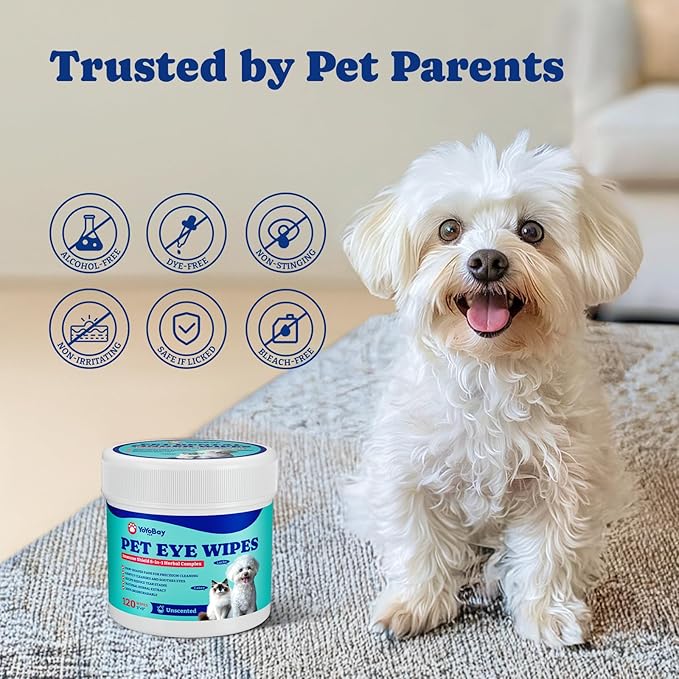 Dog Eye Wipes for Tear Stain Remover – 120 Pet Eye Wipes with Herbal Complex, Dual-Texture Pads for Dogs & Cats, Clean Discharge & Crust, Soothe Eyes, Biodegradable, Vet-Approved