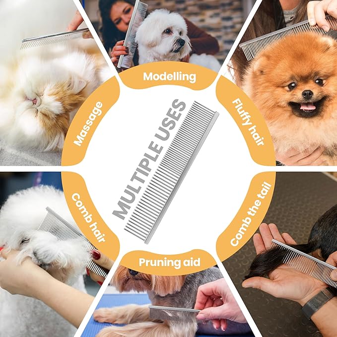 7.5 Inch Professional Solid Brass Stainless Steel Pet Dog Cat Grooming Comb,Wide & Dense Teeth for Removing Tangles, Knots,Undercoat,Excess Hair, Rounded Corners Design for Safe,Metal Dematting Tool
