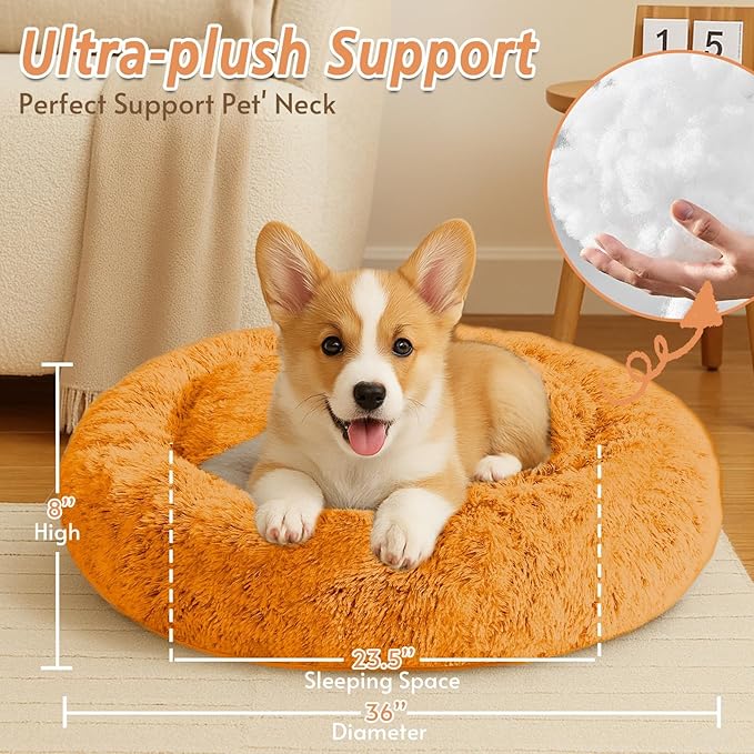 JOLLYVOGUE Small Dog & Cat Beds for Indoor Cats, Donut Cuddler Warming Soft Dog Beds with Anti-Slip Bottom, Round Calming Fluffy Plush Faux Fur Cushion Bed for Large Dogs (36", Orange)