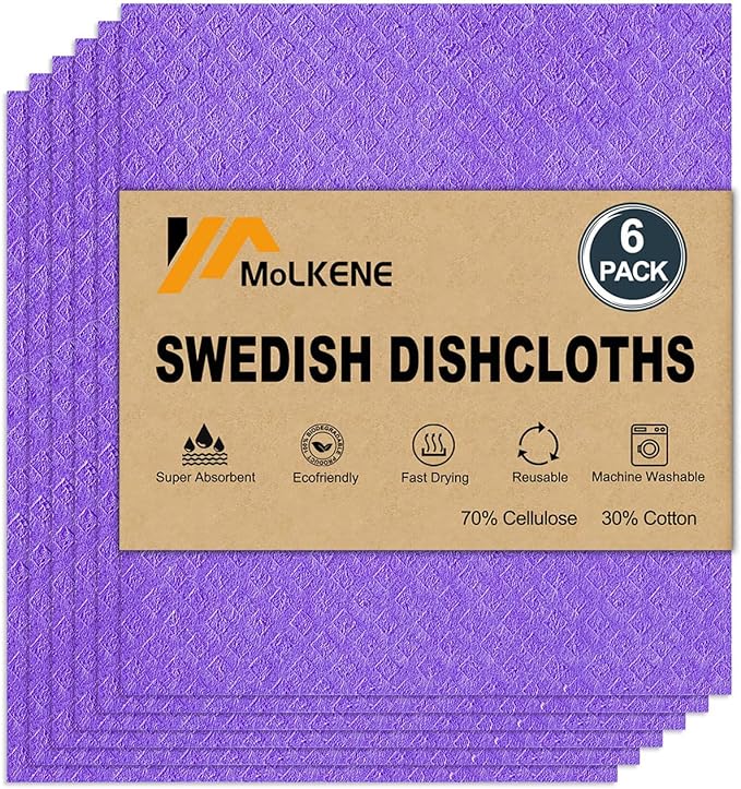 Swedish Dishcloths for Kitchen | 6 Pack Absorbent Cellulose Sponge Cloths Washable | Non-Scratch Reusable Paper Towels Quick Drying Cleaning Cloths - Purple