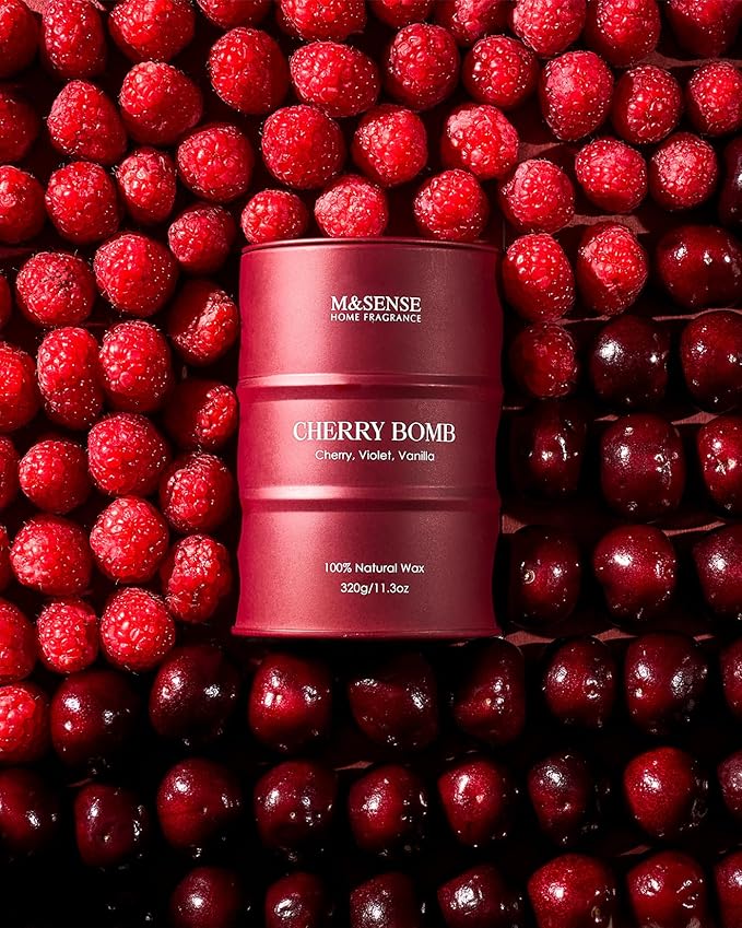 M&SENSE Cherry Bomb Scented Candles, Sweet Candle for Home Scented, Natural Soy Wax Cherry Blossom, Gifts for Women Mom, 11.3 oz 70 Hours Burn