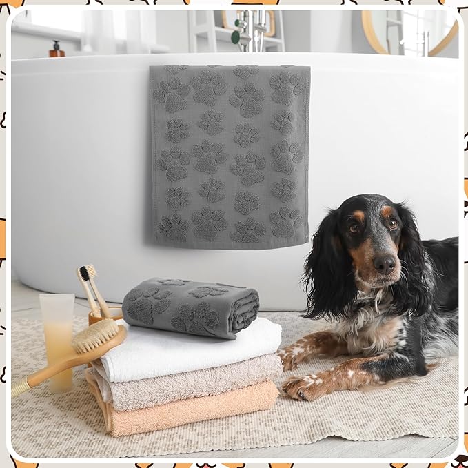 2 Pcs 3D Dog Paw Hand Towels for Bathroom, Cute Gray Dog Paw Jacquard Weave 100% Cotton Absorbent Decorative Towels for Bathroom Kitchen Decor Gift, 13.7 x 29.5 Inch