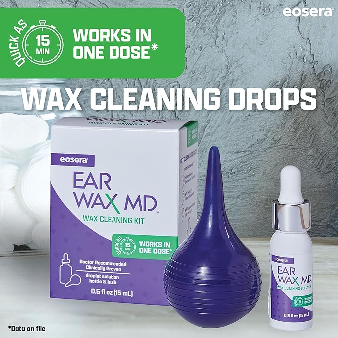 eosera Ear Wax MD Cleaning Kit - Fast-Acting Ear Wax Removal Drops & Rinse Bulb - Doctor Recommended, Clinically Proven Earwax Dissolver for Adults & Kids - Works in 15 Minutes - 15ml Solution