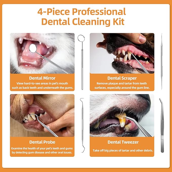 Ultrasonic Dog Plaque and Tartar Remover, Teeth Cleaning Kit for Pets, Rechargeable Dental Scraper for Pets, 5 Modes with 3 Cleaning Heads and LED Light