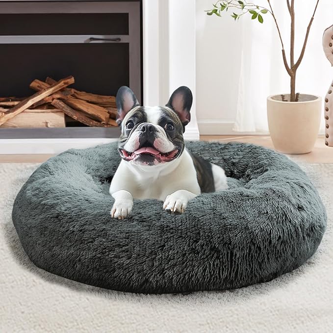 JOLLYVOGUE Small Dog & Cat Beds for Indoor Cats, Donut Cuddler Warming Soft Dog Beds with Anti-Slip Bottom, Round Calming Fluffy Plush Faux Fur Cushion Bed for Small Dogs (23")