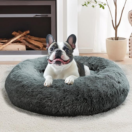 JOLLYVOGUE Small Dog & Cat Beds for Indoor Cats, Donut Cuddler Warming Soft Dog Beds with Anti-Slip Bottom, Round Calming Fluffy Plush Faux Fur Cushion Bed for Small Dogs (23")