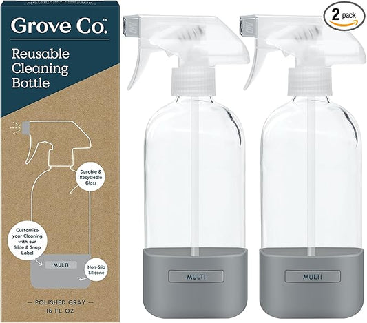 Grove Co. Glass Spray Bottles for Cleaning Solutions, 2-Pack Bundle, Unique Silicone Sleeve Slide & Snap Custom Label, Refillable Spray Bottle, Made from Recycled Glass, 2 x 16 oz