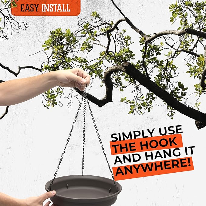 Magerdy Fields 12 Inch Hanging Bird Bath for Outside - 3 Chains with an S Hook - Microfiber Cleaning Cloth and Brush - Hanging Bird Feeder, Plastic birdbaths Bowl for Outdoors, Backyard Birding