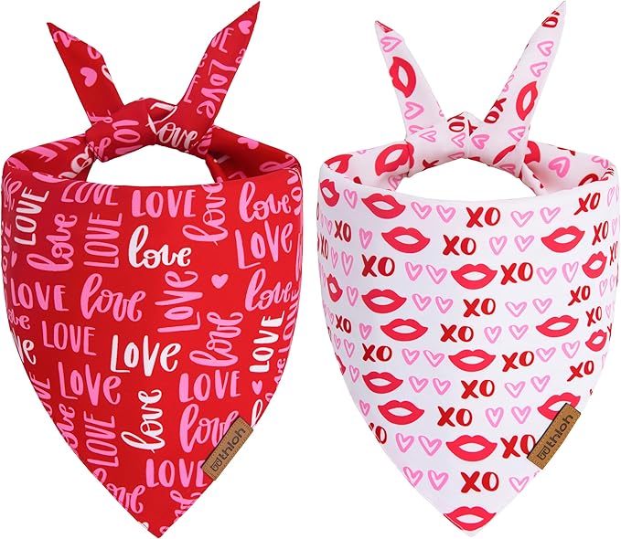 Valentines Dog Bandana - 2 Pack Triangle Dog Bandanas | Reversible Love and Heart Pet Scarf | Premium Durable Fabric | Boys & Girls | Holiday Bandana for Large and Extra Large Dogs (X-Large)