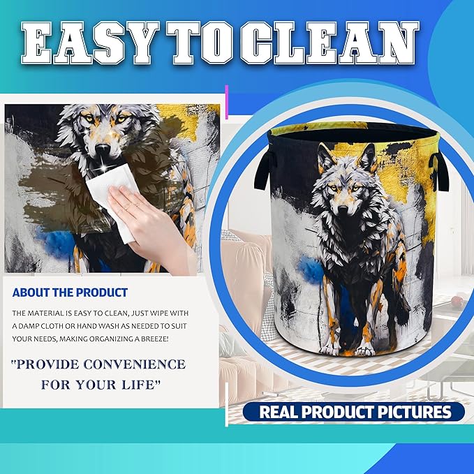 Wolf Laundry Basket Grey Wolf Animal Oxford Cloth Laundry Hamper With Handle Foldable Portable Clothes Storage Basket 18.9 X 16.5 In Storage Bag For Laundry Room/Bathroom/Bedroom/Dormitories