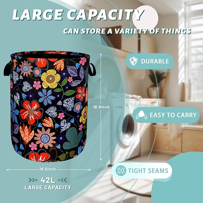 Abstract Colorful Flowers Laundry Hamper Pretty Floral Laundry Basket With Handles Foldable Oxford Cloth Tote Bag Clothes Toy Storage Bucket 18.9" x 16.5" For Bathroom/Laundry/Bedroom