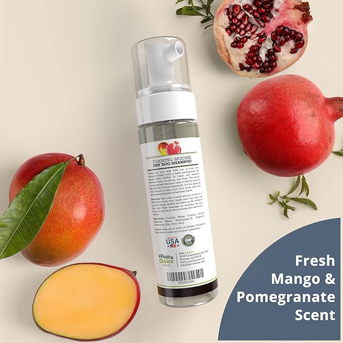 Paw Choice Dog Dry Shampoo - Hypoallergenic Waterless No Rinse Foam - Natural Coconut-Derived Cleanser - Quickly Deodorizes, Cleans & Conditions Between Baths - Made in USA - Mango Pomegranate