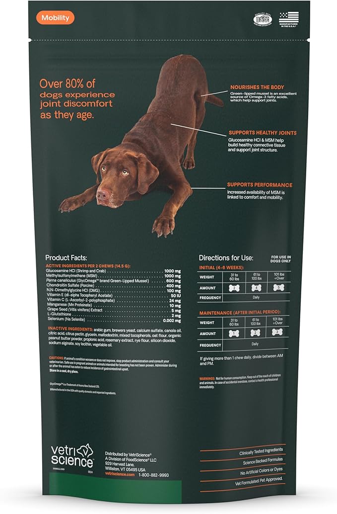 VetriScience Ultimate Strength Healthy Hip & Joint Chews, GlycoFlex Glucosamine, Chondroitin and Green-Lipped Mussel Joint Support Supplement for Dogs, Soothe Discomfort, Peanut Butter, 60 Chews