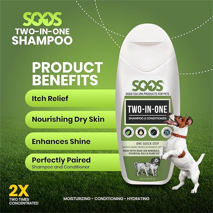 Soos Pets Two-in-One Shampoo Plus Conditioner for Dogs & Cats | 2-in-1 Natural Dead Sea Minerals | Cleansing & Moisturizing Formula | Gentle on Skin, Promotes Soft Shiny Coat - 250ml