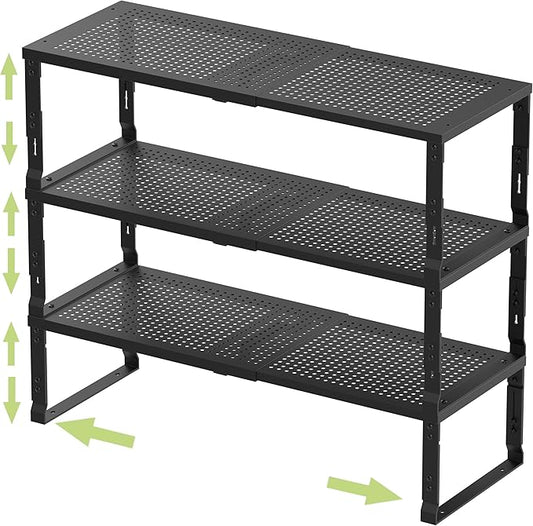 Adjustable Expanable Stackable Spice Rack Shelf Pantry Storage Organizer for Kitchen Cabinet,Countertop,Bathroom and More.Space is no Longer Limited(3Packs/Black/Medium)