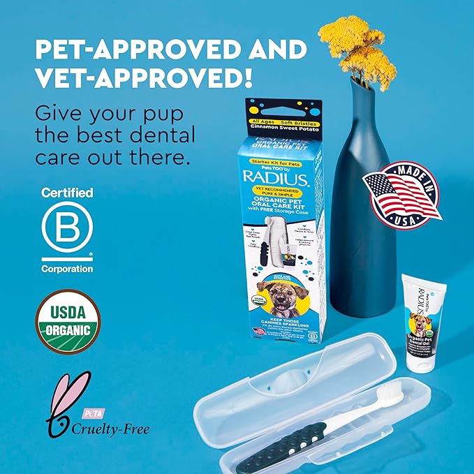 Radius USDA Organic Dental Solutions All Ages Dog Dental Kit 1 Unit, 1 Dog Toothbrush, 1 0.8oz Toothpaste, & 1 Travel Case, Firm Bristle & Non Toxic Toothpaste for Dogs