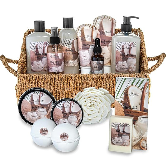 Bath Spa Gift Sets - Luxury Basket With Coconut & Vanilla - Spa Kit Includes Wash, Bubble Bath, Lotion, Bath Salts, Body Scrub, Shower Puff, Bathbombs, Soap in Wooden Basket