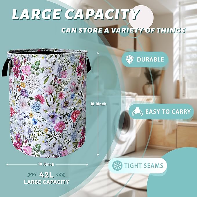 Watercolor Flower Floral Laundry Basket Foldable With Handles Tote Bag Oxford Cloth Colorful Laundry Hamper Clothes Storage Bucket Toy Organizer 18.9" x 16.5" For Bathroom/Laundry/Bedroom