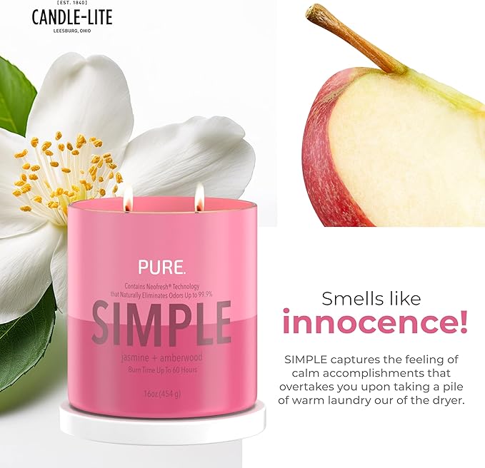 Candle-Lite Pure Jasmine & Amberwood Odor Eliminating Scented Candles, Neofresh Technology Eliminates 99.9% of Odors, 16 oz 2-Wick Jar, Proudly Poured in The USA, Up to 60 Hours Burn Time