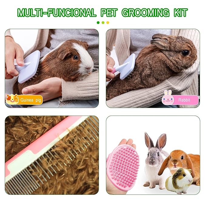 Small Animal Pet Grooming Kit with Pet Shedding Slicker Brush, Bath Massage Glove, Pet Grooming Comb, Nail Clipper Trimmer for Rabbit, Puppy, Kitten, Guinea Pig, Hamster, Ferret (Pink)