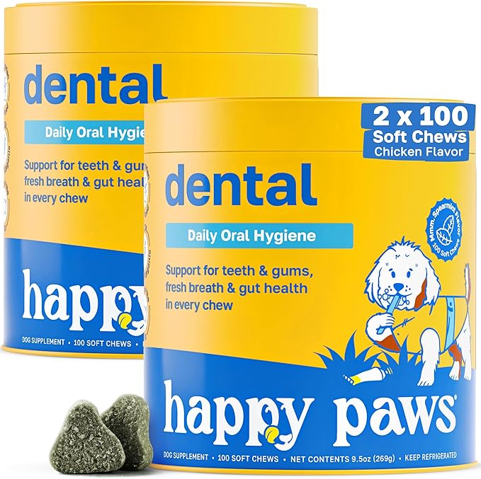 Happy Paws Dental Supplement, Dog Breath Freshener & Teeth Cleaning Treats, Oral Care Support for All Breeds, Sizes & Ages, Natural Spearmint Flavor, Organic, Non GMO, 200 Soft Chews