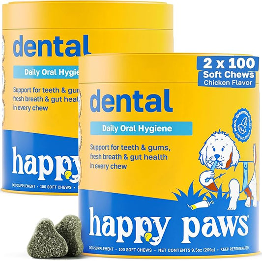 Happy Paws Dental Supplement, Dog Breath Freshener & Teeth Cleaning Treats, Oral Care Support for All Breeds, Sizes & Ages, Natural Spearmint Flavor, Organic, Non GMO, 200 Soft Chews
