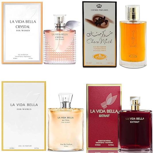 4PCS Perfume Set for Women - Floral Fragrance Gift Set with Vanilla,Sweet Fruity Eau De Parfume 3.4 Fl Oz Each(La Vida Bella,La Vida Bella Crystal,La Vida Bella Ext,Choco Musk)
