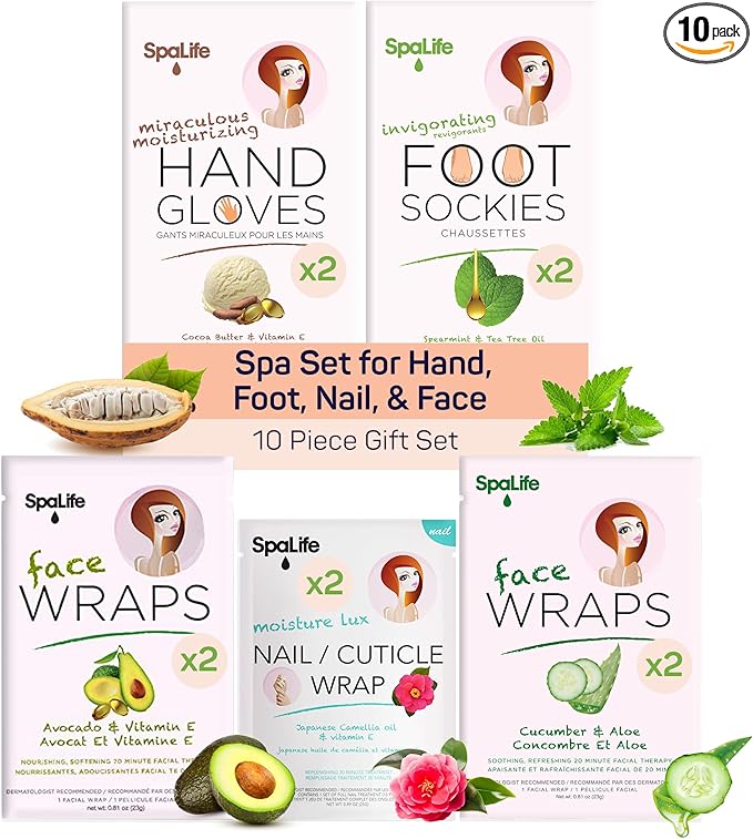 SpaLife Pink 10 Piece Spa Gift Set - Korean Skin Care Set with Travel Size Face, Hand, Foot & Nail Products - Skincare Bundle for Women