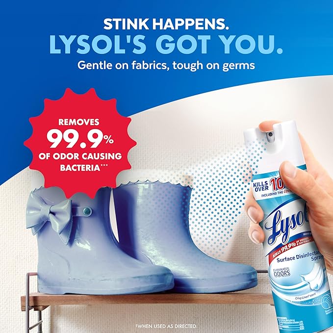 Lysol Disinfectant Spray, Household Essential Cleaning Supplies, Multi-Purpose Room Spray, Antibacterial Sanitizer Spray, Upholstery Deodorizer, Home and Bathroom, Crisp Linen,19 Fl Oz (Pack of 2)