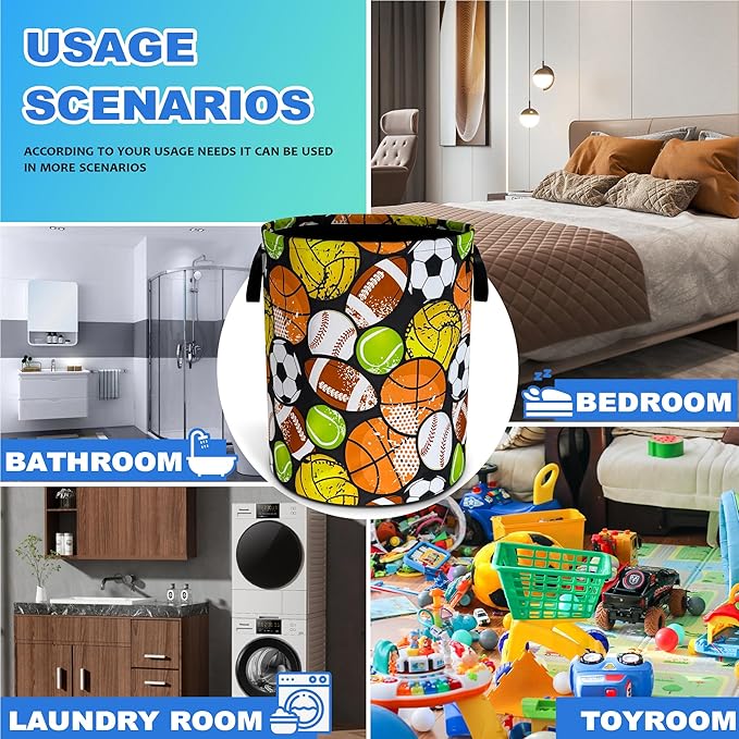Ball Games Laundry Basket Oxford Cloth Sports Laundry Hamper With Handle Foldable Portable Clothes Storage Basket 18.9 X 16.5 In Storage Bag For Laundry Room/Bathroom/Bedroom/Dormitories