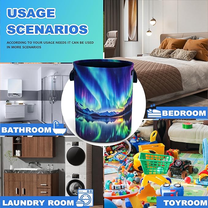 Aurora Laundry Basket Oxford Cloth Northern Lights Laundry Hamper With Handle Foldable Portable Clothes Storage Basket 18.9 X 16.5 In Storage Bag For Laundry Room/Bathroom/Bedroom/Dormitories