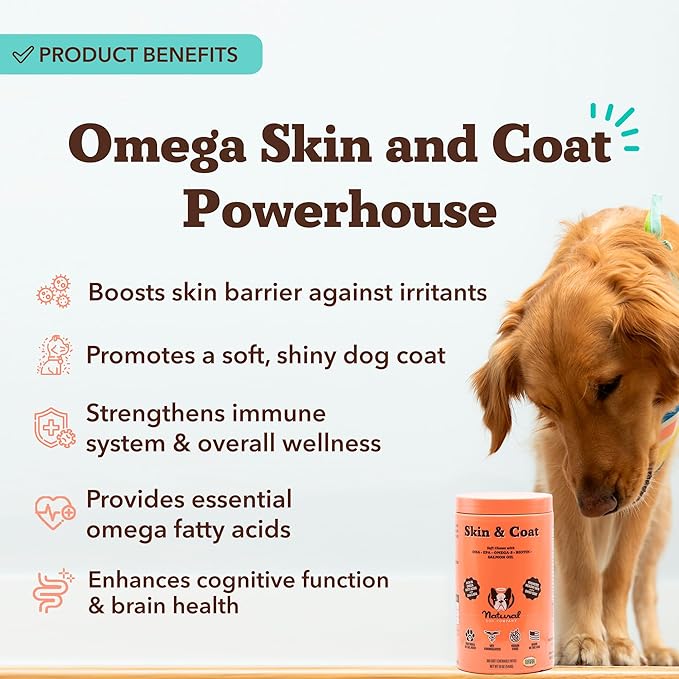 Natural Dog Company Skin & Coat Supplement for Dogs – Omega 3 Salmon Oil, Biotin & Vitamin E Support Shiny Coat, Healthy Skin & Normal Shedding, Promotes Comfort from Occasional Itch, 180 Count