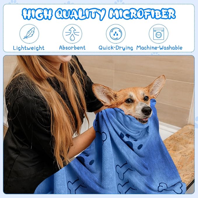 Tatuo 12 Pcs Dog Grooming Towels 28 x 55 Inch Microfiber Drying Pet Bath Towels Dog Absorbent Towel Quick Drying Puppy Bathing Supplies for Small Medium Large Puppy Cat(Blue,Paw, Bone)