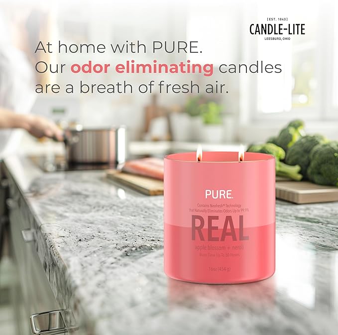 Candle-Lite Pure Apple Blossom & Neroli Odor Eliminating Scented Candles, Neofresh Technology Eliminates 99.9% of Odors, 16 oz 2-Wick Jar, Proudly Poured in The USA, Up to 60 Hours Burn Time