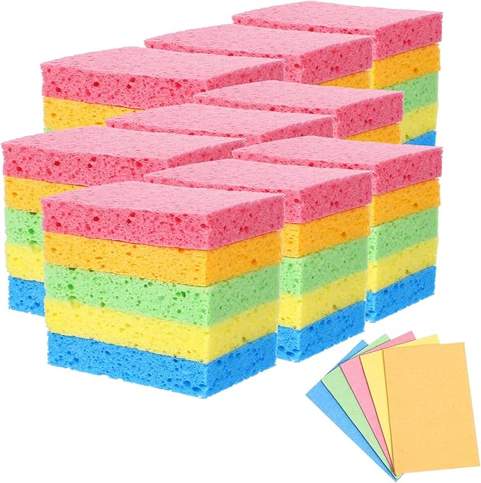 100 Pack Multi-Purpose Sponge Pads, Kitchen Sponge Bulk Reusable Absorbent Compressed Wood Pulp Dish Sponges for Cleaning, Effective Clean The Surface Stains Without Scratching for Kitchen Bath