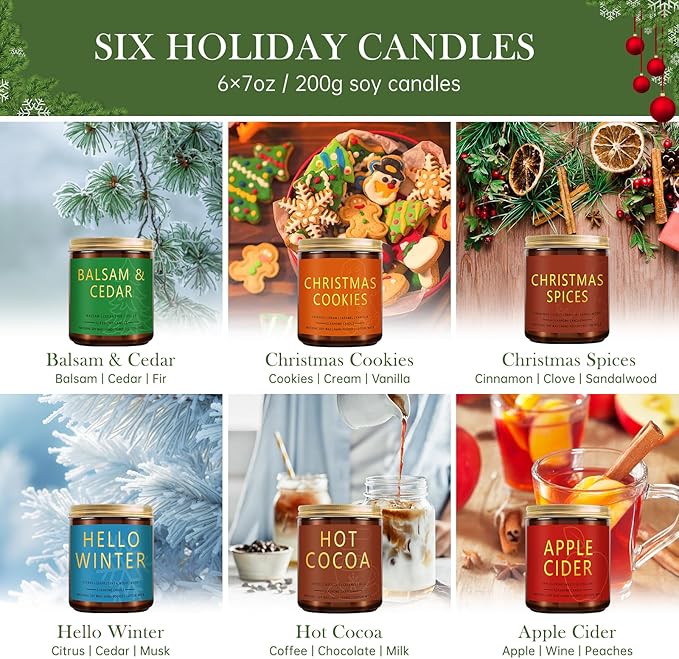 Christmas & Winter Candle Gift Set, 6 Pack 7oz Soy Scented Candles for Home, Holiday & Birthday Gift for Women & Men, Balsam Cedar, Christmas Cookies & Spices, Apple Cider, Hot Cocoa & Hello Winter