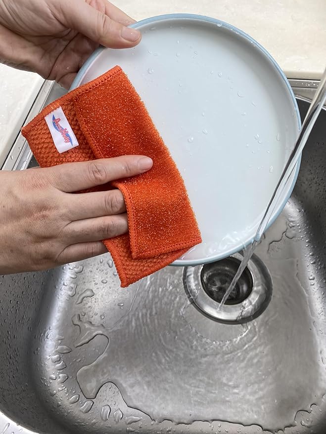 16 Pack Microfiber Scrub Dish Cleaning Cloth, Non-Scratch, Reusable & Durable for Pan Pot Dish Cooktop Stovetop Counter Kitchen Household, Machine Washable, 6 x 6 Inch, Orange & Blue Assorted