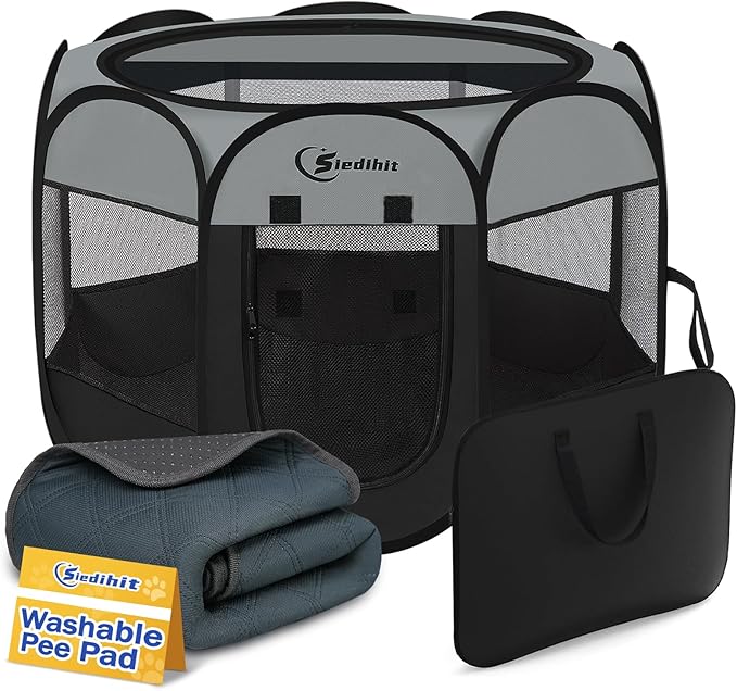 Dog Playpen with Washable Pee Pad, Puppy Pet Cat Playpen for Small Dogs, Dog Tent Crate Indoor/Outdoor, Portable Pop Up Kennel with Carrying Case for Dogs/Cats/Rabbits(Dark Grey)