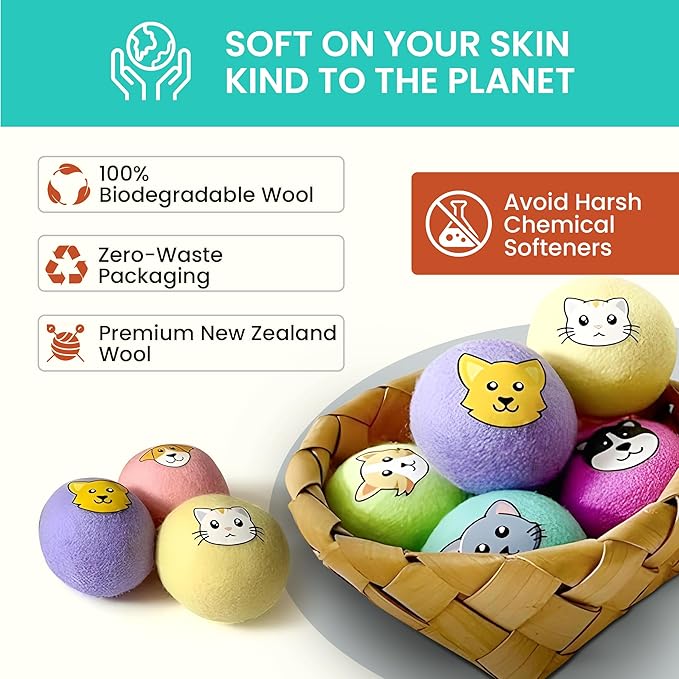 Laundry Dryer Balls-100% New Zealand Wool,Replaces Dryer Sheets,Reduces Wrinkles & Drying Time,Anti-Static,Pet Hair Removal,Hand-Felted,Natural Fabric Softener,Reusable,Quiet,Child-Friendly(Pack of 6)