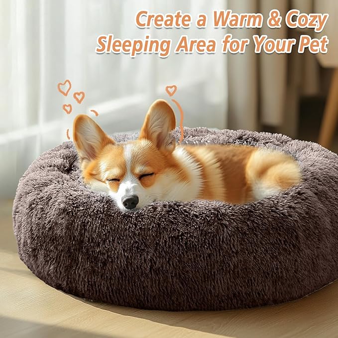 JOLLYVOGUE Small Dog & Cat Beds for Indoor Cats, Donut Cuddler Warming Soft Dog Beds with Anti-Slip Bottom, Round Calming Fluffy Plush Faux Fur Cushion Bed for Medium Dogs (31")