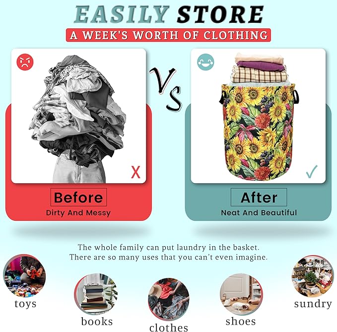 Yellow Sunflowers Laundry Basket Foldable With Handles Tote Bag Oxford Cloth Colorful Floral Laundry Hamper Clothes Storage Bucket Toy Organizer 18.9" x 16.5" For Bathroom/Laundry/Bedroom