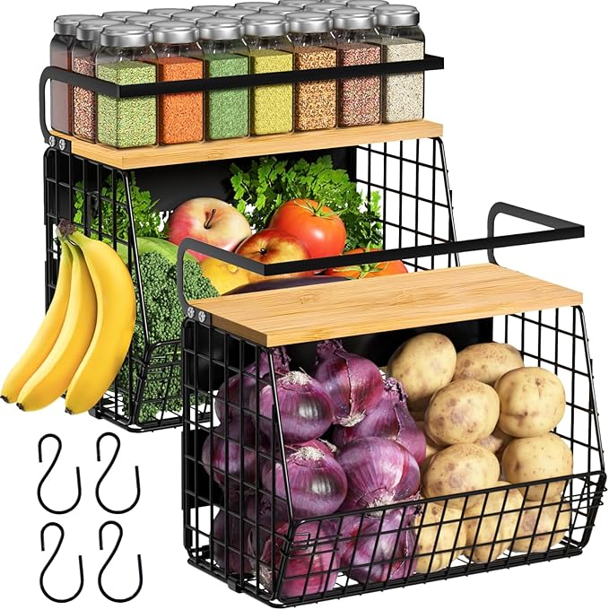 2 Set Magnetic Shelf for Refrigerator with Wood Lid, Fruit Potato & Onion Storage Bins, Pantry Organizers & Storage, Large Container Magnetic Spice Rack for Refrigerator, Kitchen Counter, Cabinet